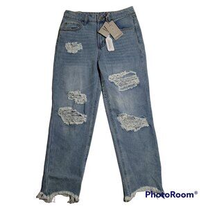 New High Rise Straight Leg Distressed Jeans Slim Fit Recycled Repreve Raw Hem 26